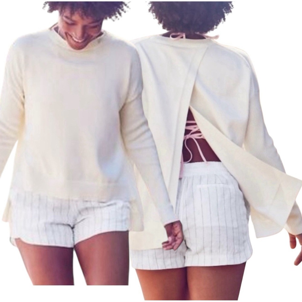 Athleta Highland Silk Blend Crossback Split Back Crewneck ‎ White Sweater S #522